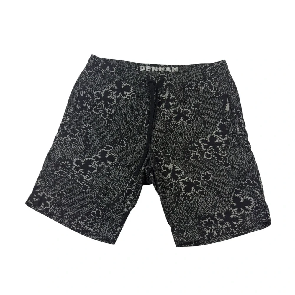 Denham Gray Black Floral Cotton Elastic Stretch Waist Shorts Men's Size Small‎